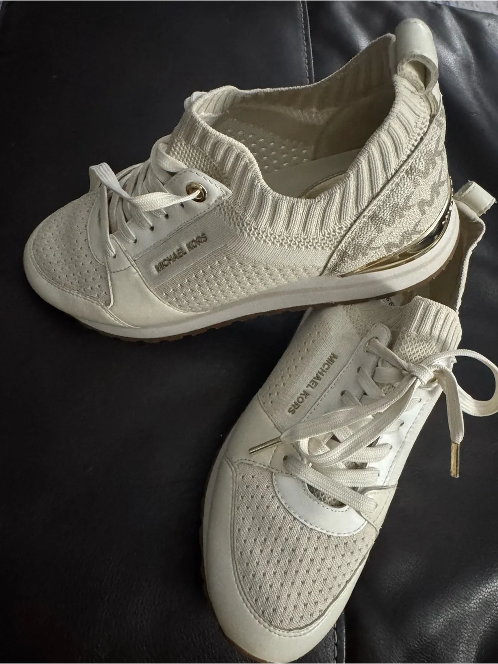 Michael Kors Cream Knit Lace-Up Sneakers with Gold Accents